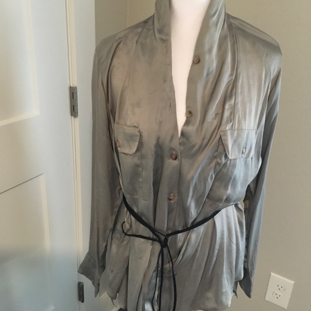 Improvd XS Gray Silk Button-Up Blouse with Black Tie Button Up